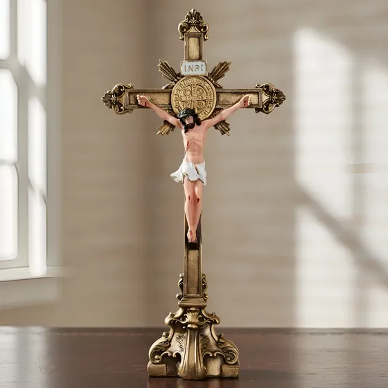 Crucifixo São Bento 30cm Dourado Premium Fé Proteção