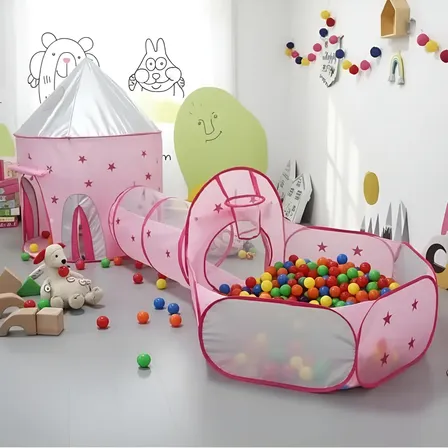 Linda Barraca Infantil Toca Túnel 3 Em 1 Rosa Cesta Basquete Rosa Foguete
