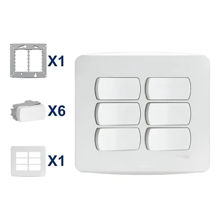 Conjunto Placa 4x4 Interruptor Sêxtuplo Miluz ( 6 Teclas ) 10 A 250v Branco