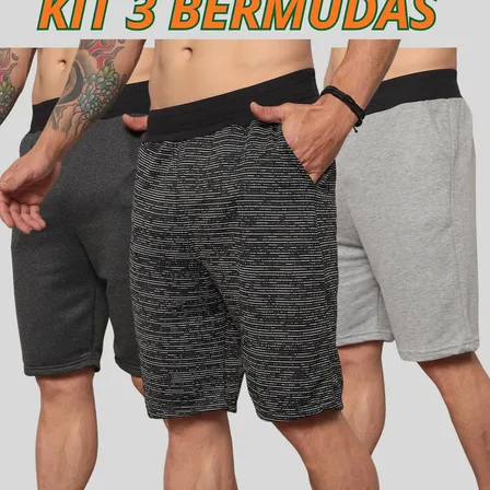Kit 3 Bermudas Masculinas Moletom Academia Casual Lote Full Sortido Liso G1 ( 48-50 )