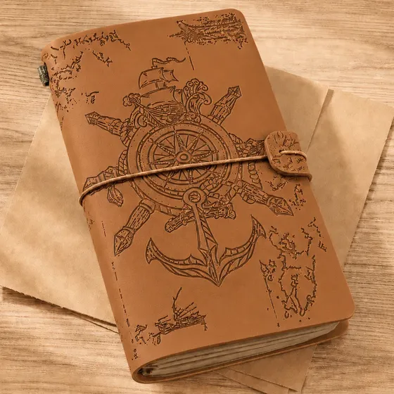 Caderno Diário Vintage Viagem Capa Couro, Com Porta-cartões