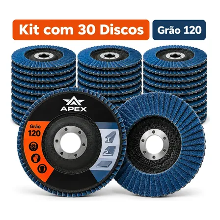 Kit Com 30 Discos Flap 4.1/2 Pol. Grão 120 Cor Azul Apex Azul
