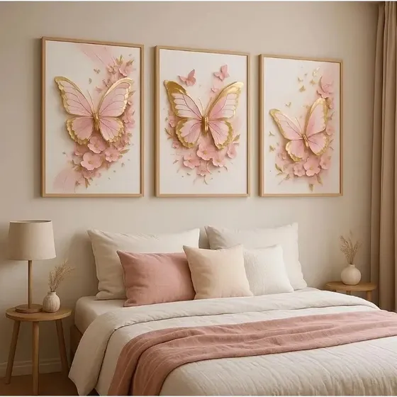 Kit 3 Quadros Decorativos 60x40cm Borboletas Delicadas
