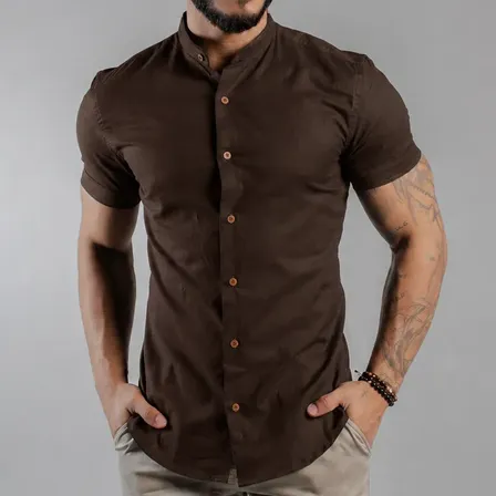 Camisa Social Masculina Gola Padre Linho Premium Moda Luxo Marrom Magno M