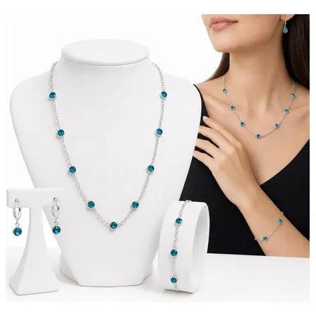 Kit Colar Cordão Com Pulseira + Brinco Argola Azul Prata 925 Azul-turquesa