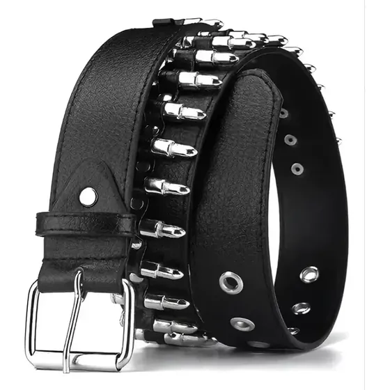 Cinto Preto Estilo Rock Bullets E Tachas Metálicas