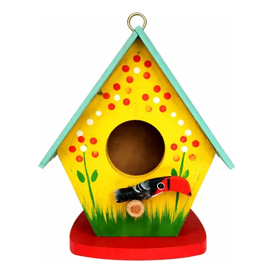 Casa De Passarinho P Em Madeira Artesanal Com Mini Pássaro