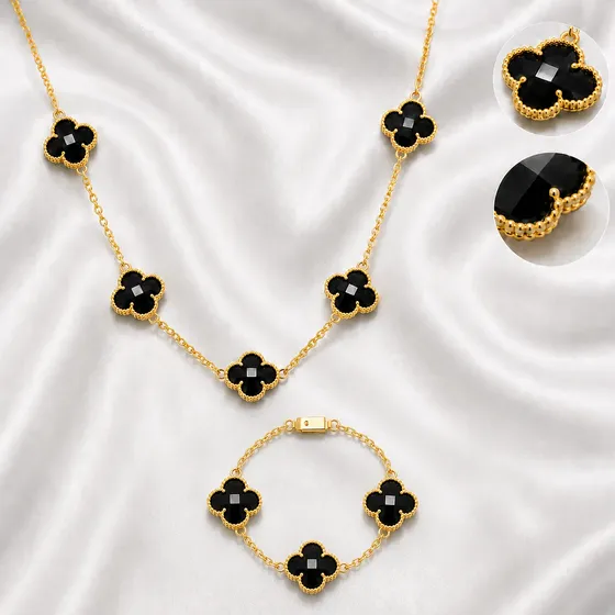 Kit Cordão +pulseira Trevo Van Cleef Preto 100% Moeda Antiga