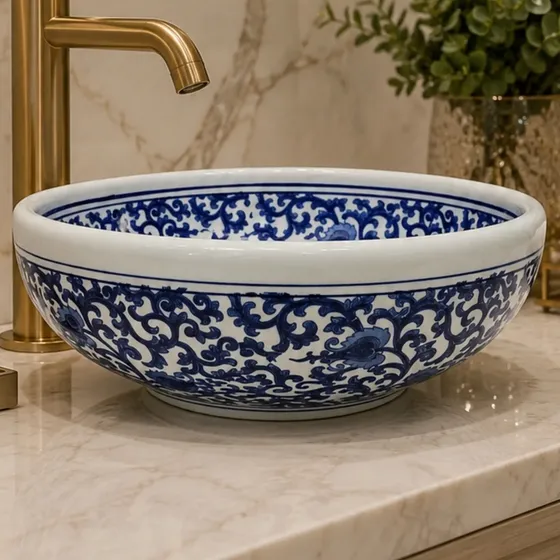 Cuba Banheiro Lavabo Porcelana Floral Azul E Branco 40cm Azul-branco Porcelana
