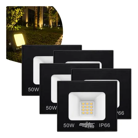 Kit 5 Un Refletor Led 50w Smd Holofote 3000k Ip66 Bivolt 127/220v Preto Branco-quente