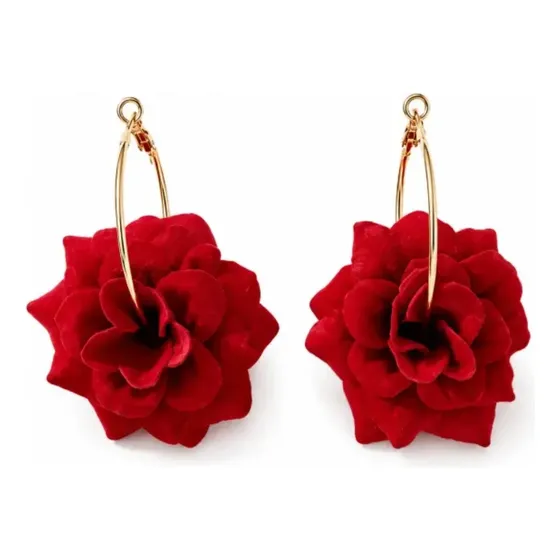 Argola Dourada Com Flor Vermelha Pendente Feminina Estilo