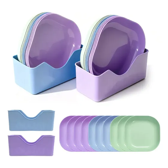 Kit 20 Pratos Coloridos Para Servir + 2 Base Organizador