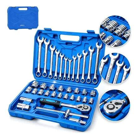 Kit Jogo Soquete Chave Combinada Catraca 37 Pcs Com Maleta Azul-marinho 37 Pcs