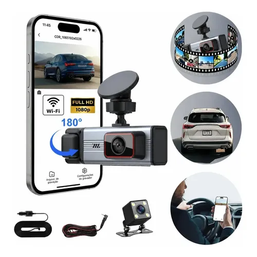 Câmera Carro 3 Lentes Wi-fi Grav Visão Noturna App Controle