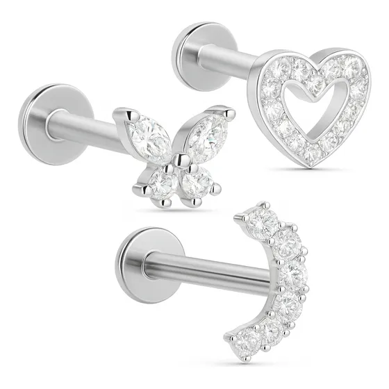 Kit 3 Piercings Tragus Orelha Helix Conch Coração Cruz Aço