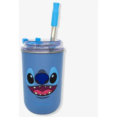 Copo Térmico Stitch Disney Inox 300ml Com Tampa E Canudo Azul Stitch