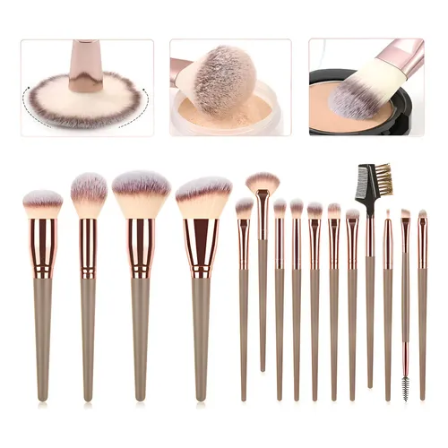 Kit 15 Pinceis Maquiagem Multifuncional Profissional Macio Ouro/rosa