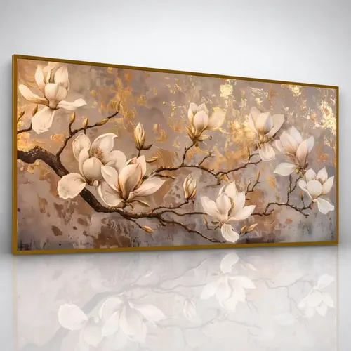 Quadro Decorativo Flor Galhos Dourada Moderna Sala Hd 112x80