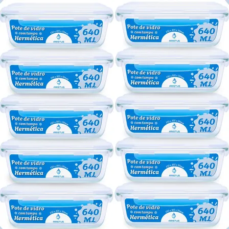 Kit 10 Potes Vidro 640ml Hermético Tampas 4 Travas Cozinha Branco