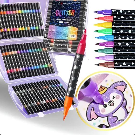 Kit 48 Canetas Marcador Touch Glitter 96 Cores Ponta Dupla 96 Cores