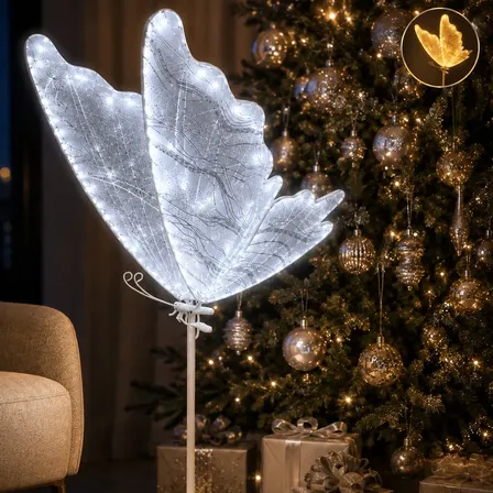 Borboleta Led Dourado Festa Decoração Natal 80cm Suporte Branco-frio