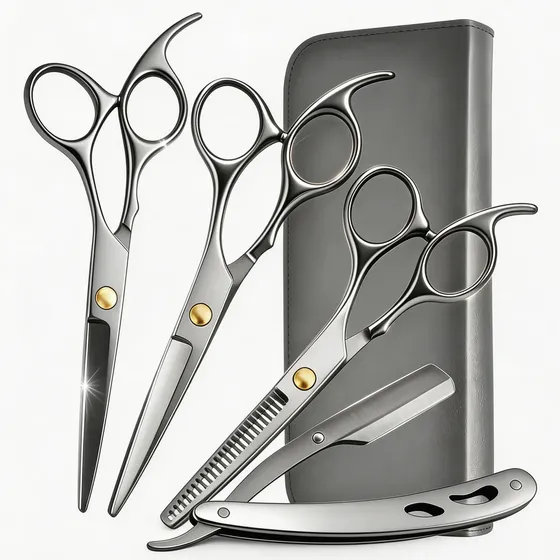 Kit 4 Tesoura Profissional Fio Laser Navalha Desfiadeira Prata Fio Laser Navalha Desfiadeira Barba 4 Peças