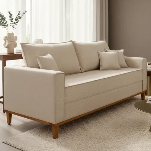 Sofá Beny 3 Lugares 2m Linho Bege P/ Sala Recepção Living Cru Liso