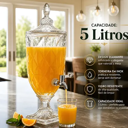 Suqueira Vidro - Suqueira 5 Litros C/torneira Jarra De Vidro Cristal