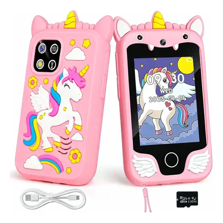 Celular Infantil Brinquedo Telefone Unicorn Câmera Tripla Rosa