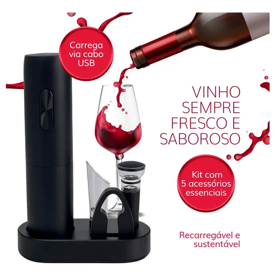 Kit Abridor De Vinho Elétrico Recarregável Usb - Saca Rolhas
