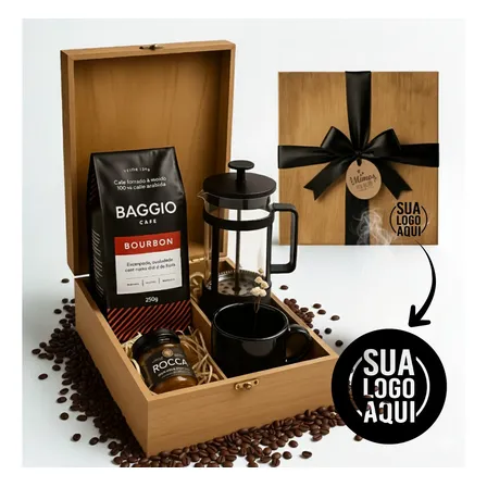 Kit Cesta Presente Café Gourmet - Personalize Com Sua Logo! Café Moído Com Cafeteira (personalize Com Nome Ou Logo)