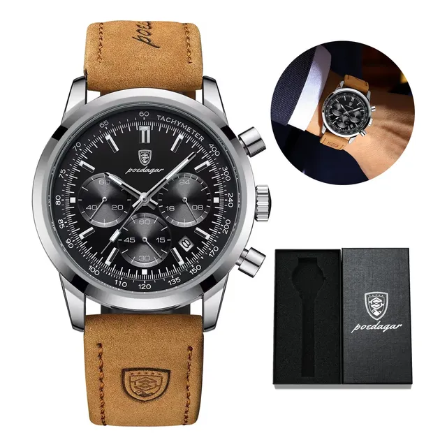 Relógio Masculino Poedagar 921 Original De Luxo Com Caixa Marrom-claro Preto