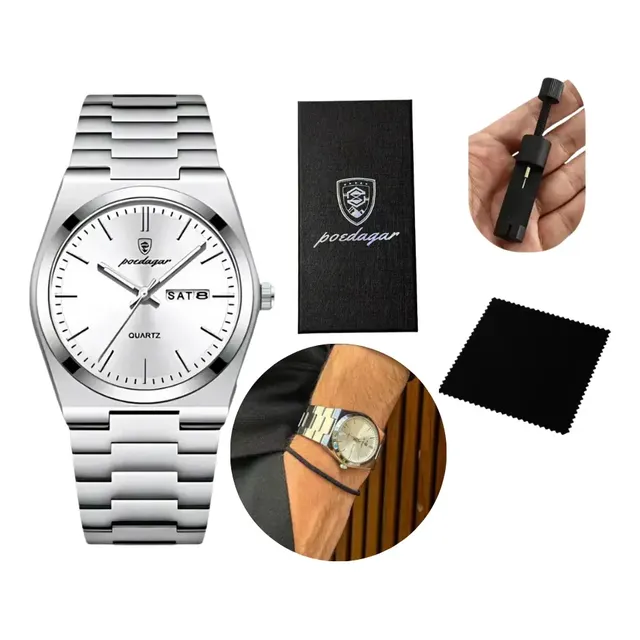 Relógio Poedagar Suiço Masculino Aço Inox Old Money C/caixa