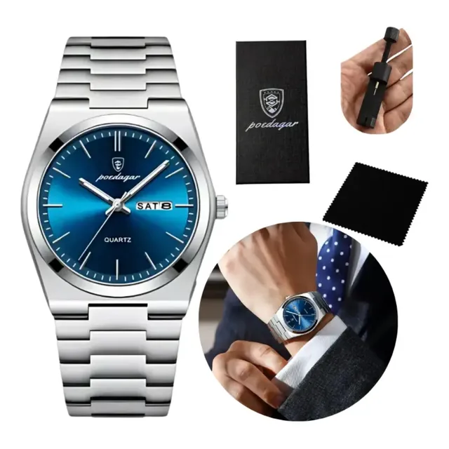 Relógio Poedagar Suiço Masculino Aço Inox Old Money C/caixa Prateado Azul