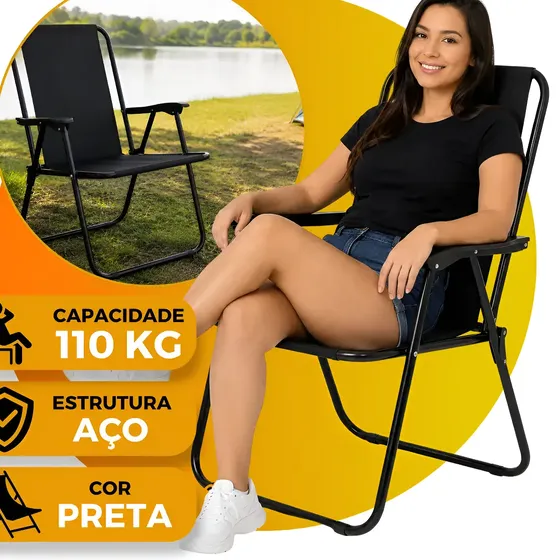 Cadeira De Praia Portátil Dobrável 110kg Preta Camping