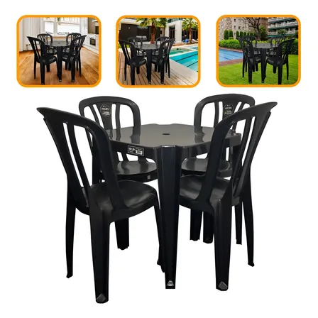 Conjunto Mesa Cadeiras Plástico Preto Bistro Inmetro Preto