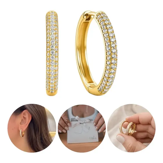 Brinco Argola Feminina Cravejada Clique Semijóia Ouro 18k