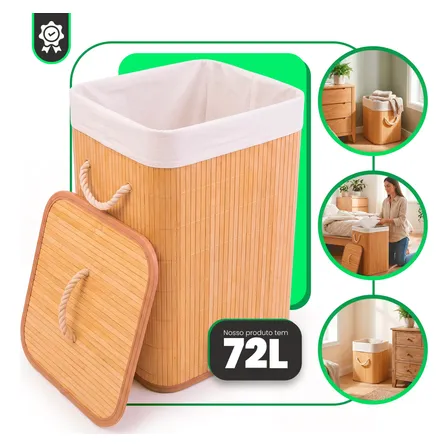 Cesto De Roupa Suja 72l De Bambu Dobrável Alças Malular Natural