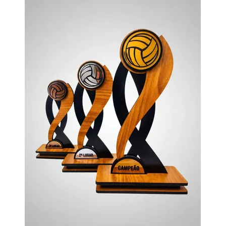Kit 3 Troféus Vôlei Acrílico Mdf Voleibol Moderno Premium Dourado 35cm Prata 30cm Bronze 25cm