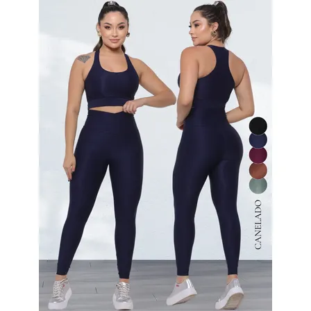 Conjunto Canelado Academia Zero Transparência Legging + Top Azul-marinho G