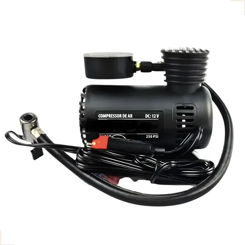 Mini Compressor Ar Compacto 12v Com Manômetro 250psi Potente Preto 12v Monofásica