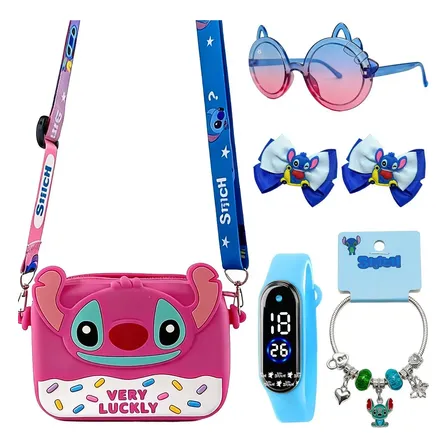 Relogio Infantil Digital Stitch Led + Bolsa Óculos Kit 5em1 Azul-celeste