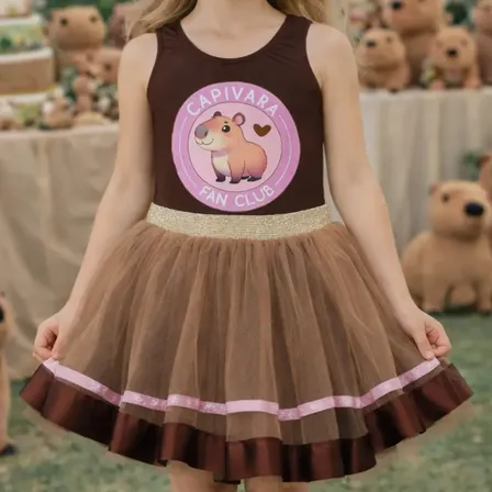 Conjunto Body Lycra Saia Tule Infantil Menina Capivara Festa Marrom Capivara 8