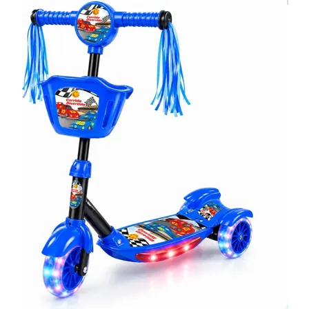 Patinete Infantil 3 Rodas Menino Com Cesta Led Musica Azul Azul Corrida