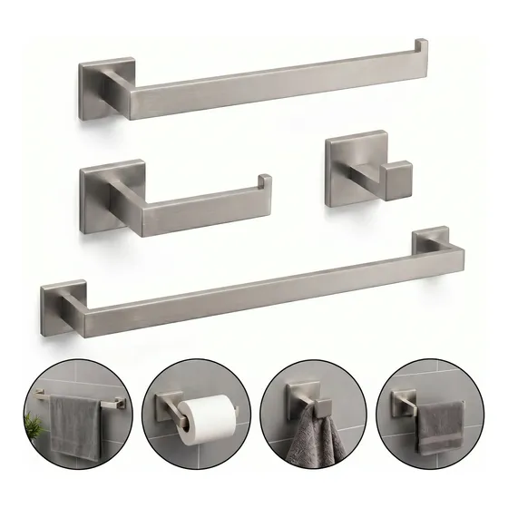 Kit Acessórios Banheiro Inox 304 Quadrado Luxo 4 Peças