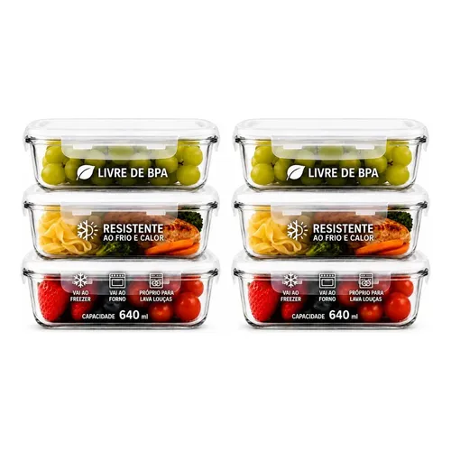 Kit 6 Potes Vidro 640ml Hermético Marmita Forno Refratário Transparente