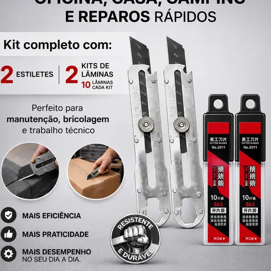 Kit 2 Estiletes Profissionais Aço Inox 18mm 20 Lâminas Inox