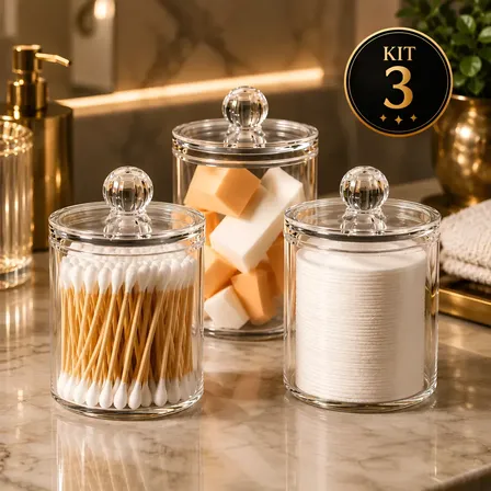 Kit 3 Porta Algodão E Cotonete Organizador Banheiro Quarto T Tranparente Liso