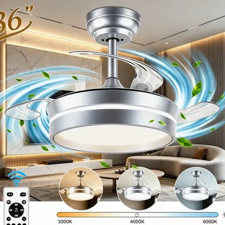 Ventilador De Teto 36pol Retratil Bivolt 127/220v Silencioso 40 Cm 60 Hz Prateado 127/220v Transparente Policarbonato 3