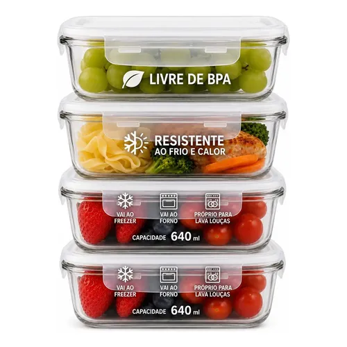 Kit 4 Potes Vidro 640ml Hermético Marmita Forno Refratário Transparente